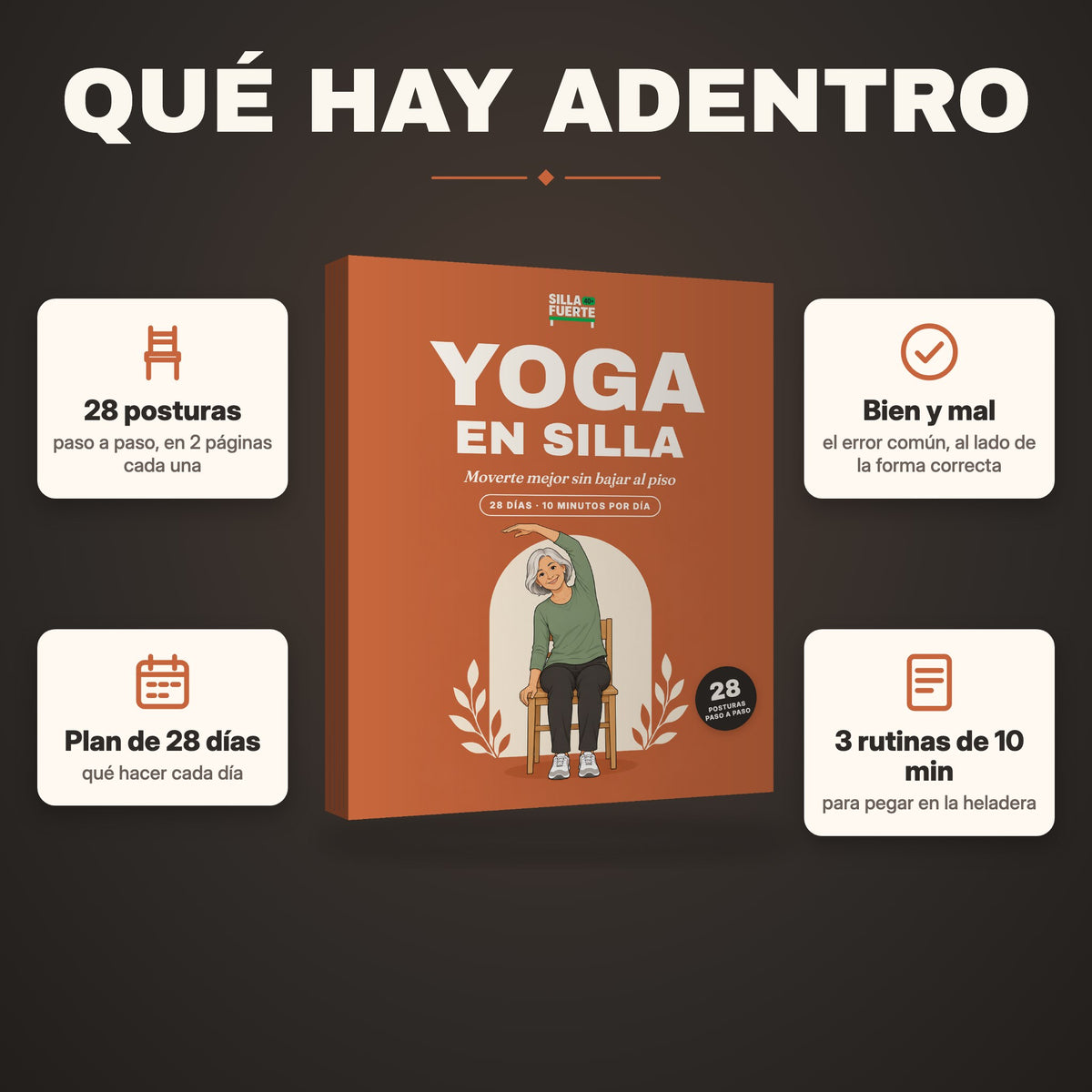 Qué hay adentro: 28 posturas con versión fácil, plan de 28 días, 82 páginas en letra grande