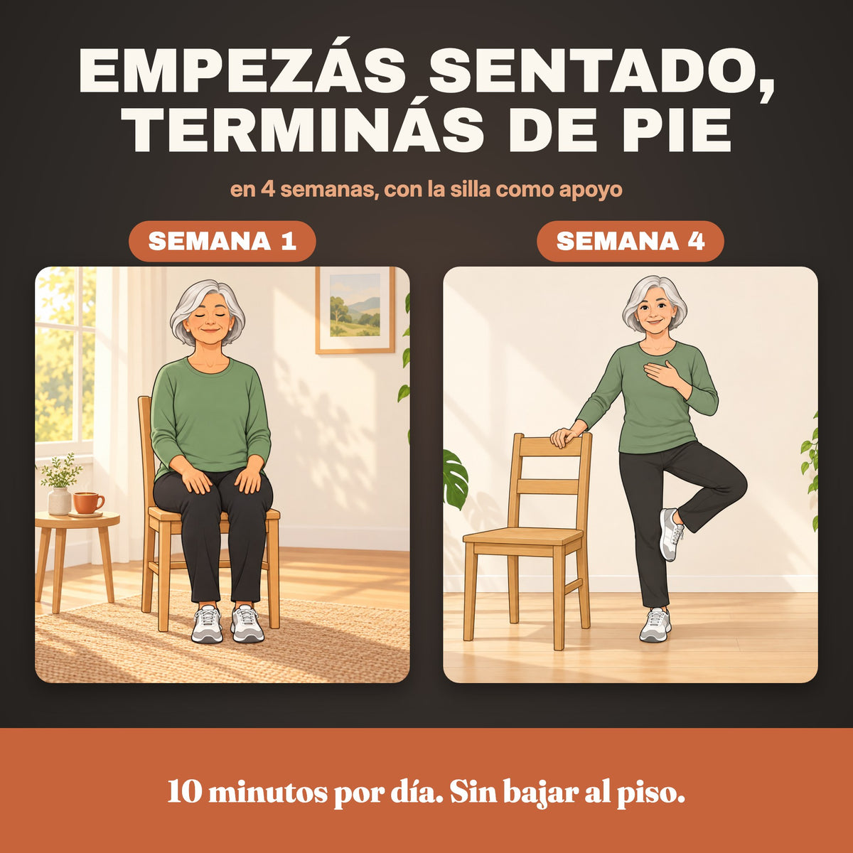 Empezás sentado, terminás de pie: semana 1 y semana 4, 10 minutos por día