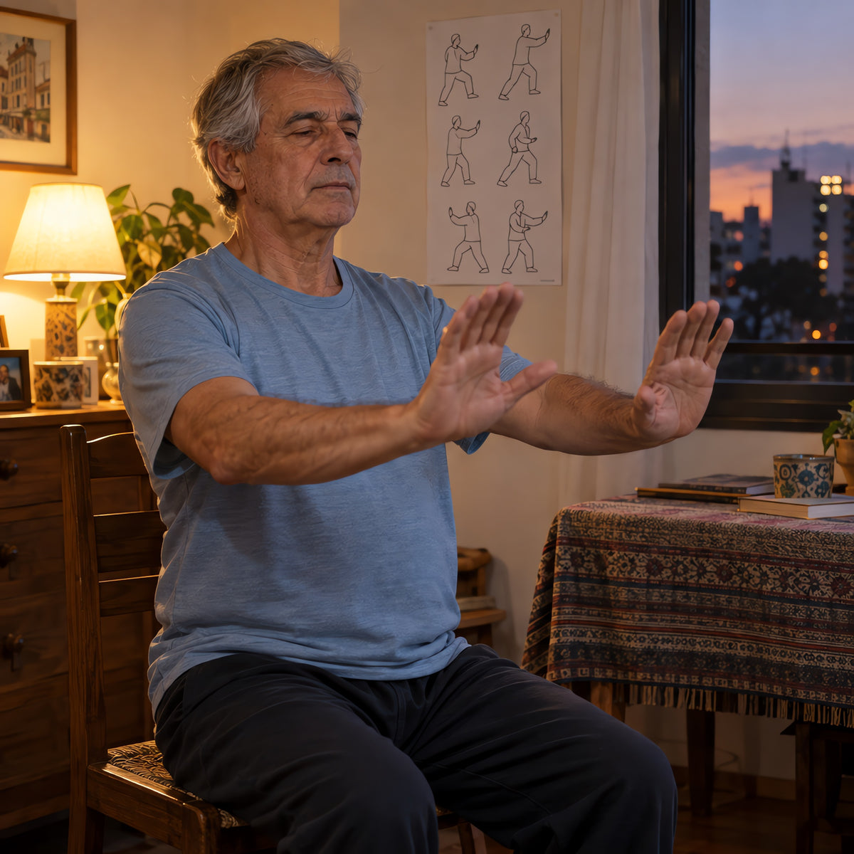 Un hombre haciendo Tai Chi sentado en su casa, a la tarde